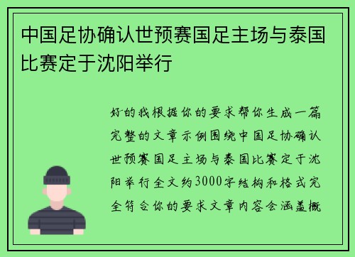 中国足协确认世预赛国足主场与泰国比赛定于沈阳举行