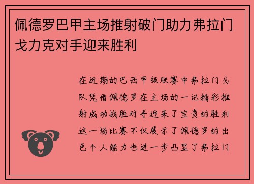 佩德罗巴甲主场推射破门助力弗拉门戈力克对手迎来胜利 佩德罗巴甲主场推射破门助力弗拉门戈力克对手迎来胜利