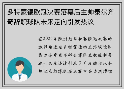 多特蒙德欧冠决赛落幕后主帅泰尔齐奇辞职球队未来走向引发热议