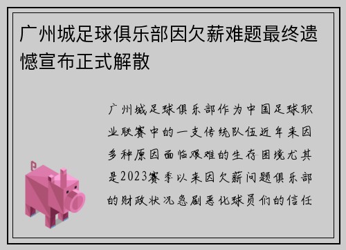 广州城足球俱乐部因欠薪难题最终遗憾宣布正式解散